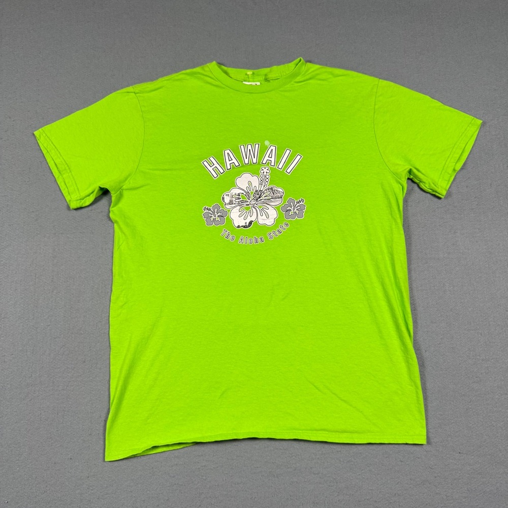 Delta Soft Hawaii Aloha State T-Shirt Men Large Green Hibiscus Graphic Tee L